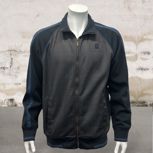 Marc Ecko Cut & Sew Blue Gray Plaid Full Zip Track Jacket with Pockets Large LG - Picture 1 of 13
